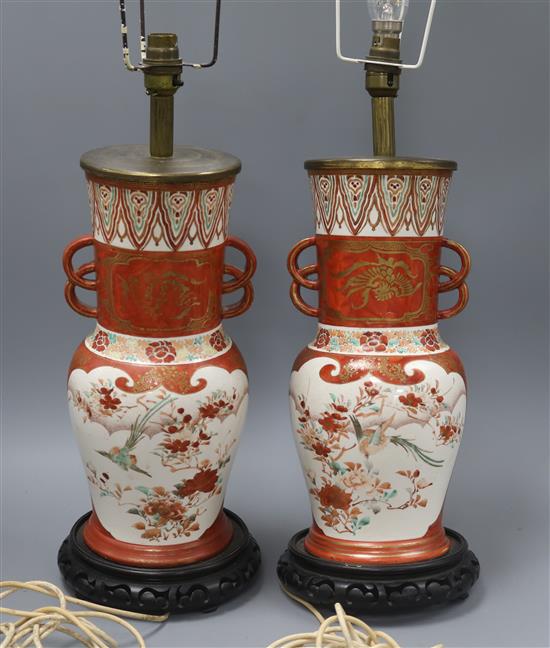 A pair of Meiji period Kutani vases fitted as table lamps height 47cm